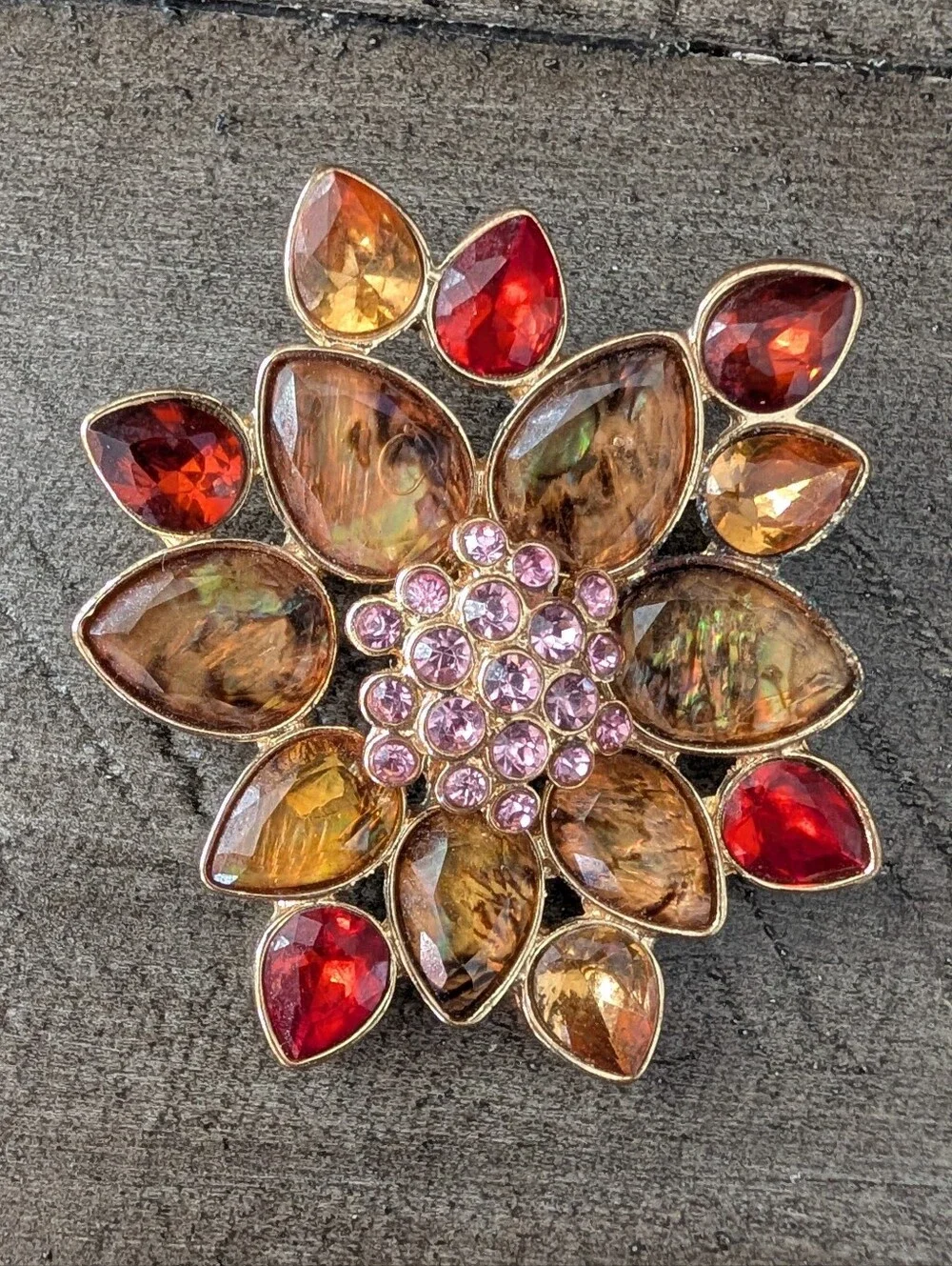 Vintage Floral Brooch with Amber, Red and Pink Stones